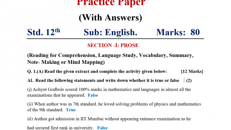 Practice Paper With Answers Std.12th Sub: English