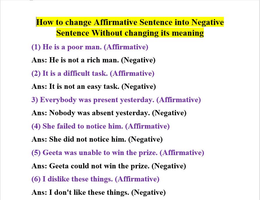 How to change Affirmative Sentence into Negative