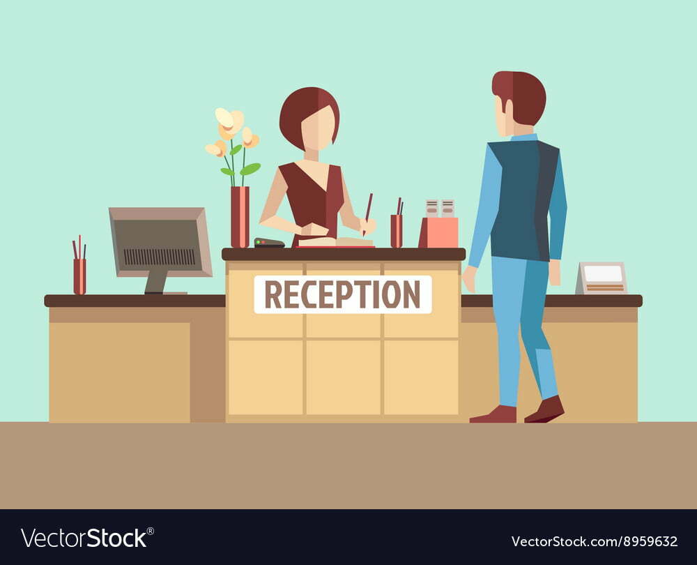 Customer at reception concept in flat Royalty Free Vector