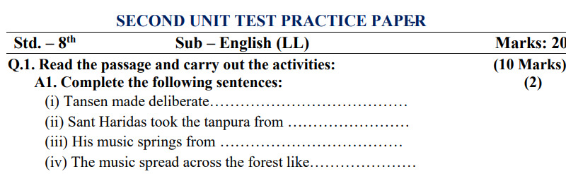 Second Unit Test Practice Paper With Answers std 8th